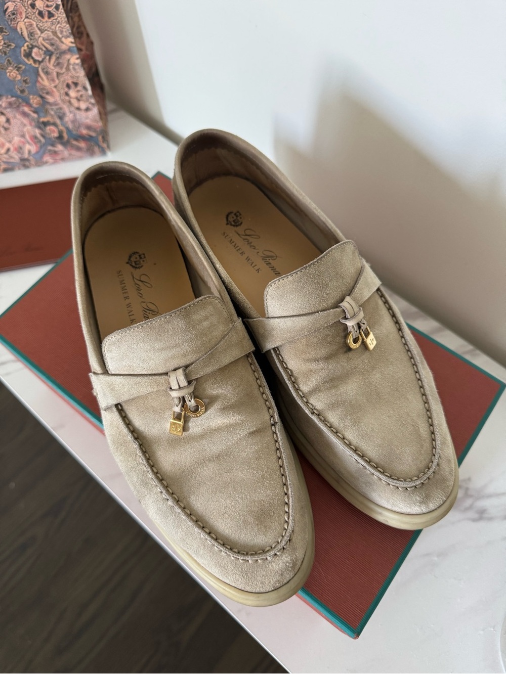 Loro Piana Beige Suede Summer Walk Loafers with Gold Accent